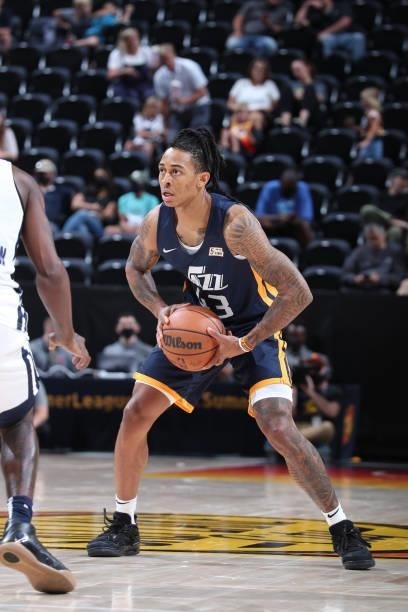 Kyle Allman of the Utah Jazz Blue handles the ball against the Memphis Grizzlies during the 2021 Salt Lake City Summer League on August 3, 2021 at...