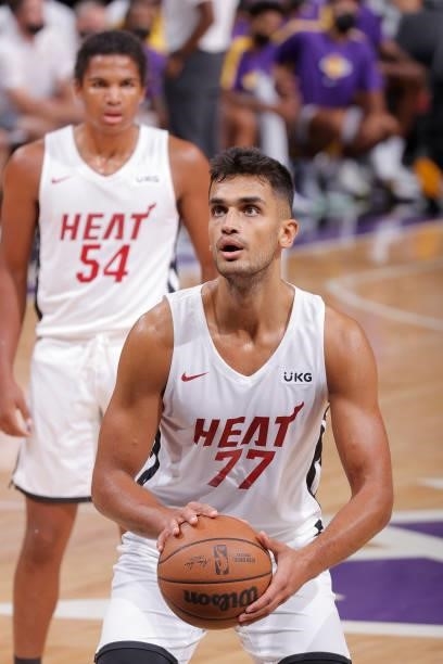 Omer Yurtseven of the Miami Heat shoots a free throw against the Los Angeles Lakers during the 2021 California Classic Summer League on August 3,...