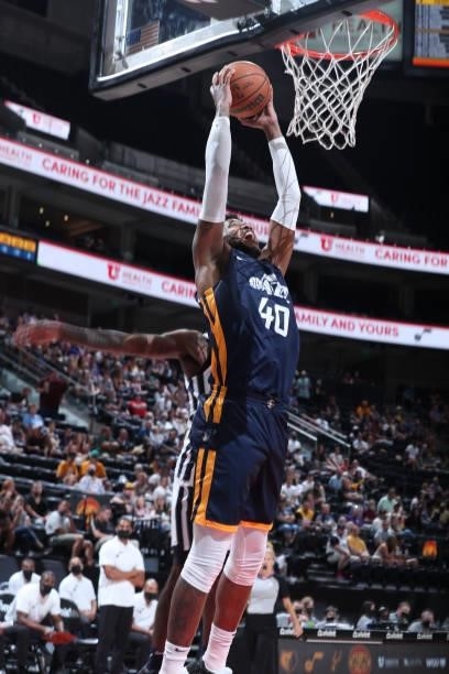 Justin Patton of the Utah Jazz Blue dunks the ball against the Memphis Grizzlies during the 2021 Salt Lake City Summer League on August 3, 2021 at...