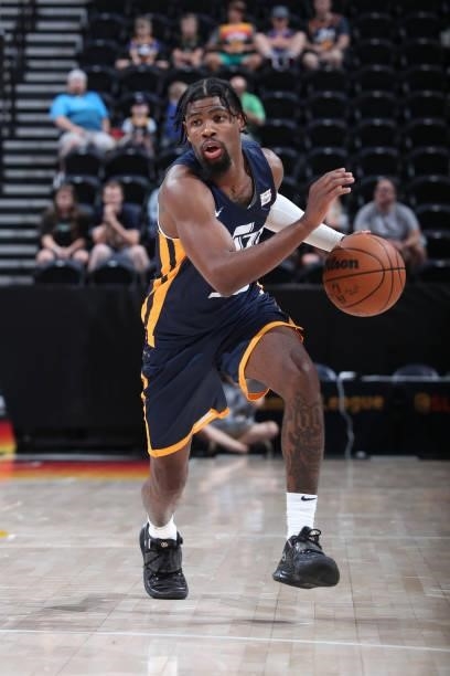 Malik Newman of the Utah Jazz Blue drives to the basket against the Memphis Grizzlies during the 2021 Salt Lake City Summer League on August 3, 2021...