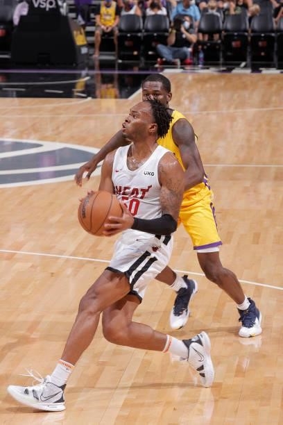 Javonte Smart of the Miami Heat drives to the basket against the Los Angeles Lakers during the 2021 California Classic Summer League on August 3,...