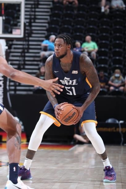 Jarell Martin of the Utah Jazz Blue handles the ball against the Memphis Grizzlies during the 2021 Salt Lake City Summer League on August 3, 2021 at...