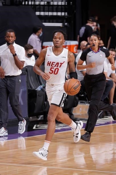 Javonte Smart of the Miami Heat dribbles the ball against the Los Angeles Lakers during the 2021 California Classic Summer League on August 3, 2021...