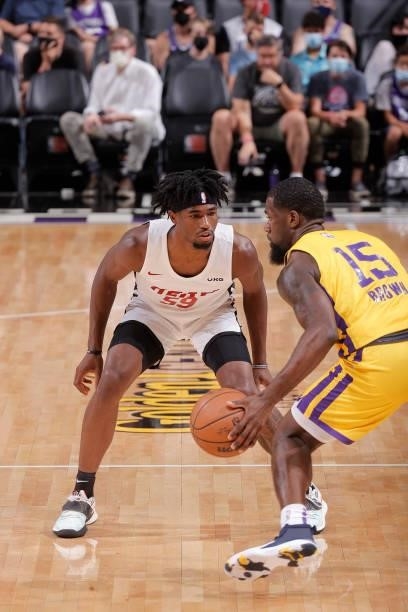 Nembhard of the Miami Heat plays defense on Chaundee Brown Jr. #15 of the Los Angeles Lakers during the 2021 California Classic Summer League on...