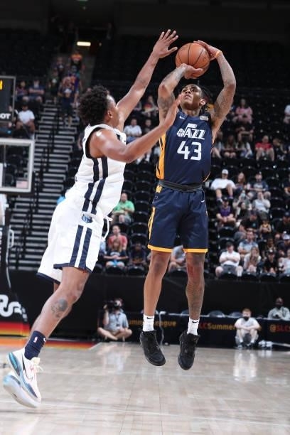Kyle Allman of the Utah Jazz Blue shoots the ball against the Memphis Grizzlies during the 2021 Salt Lake City Summer League on August 3, 2021 at...