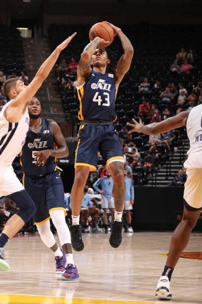 Kyle Allman of the Utah Jazz Blue shoots the ball against the Memphis Grizzlies during the 2021 Salt Lake City Summer League on August 3, 2021 at...