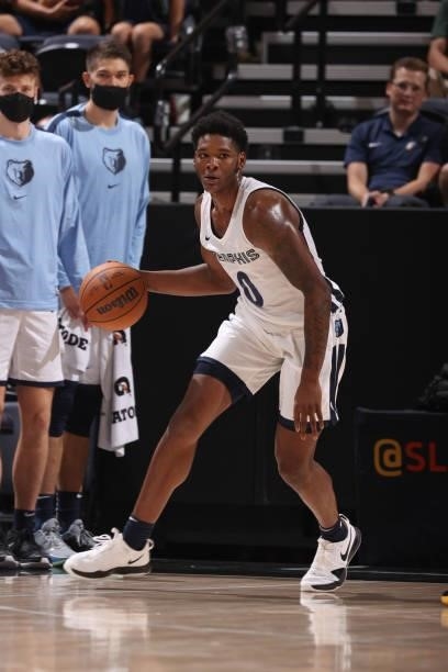 Romeo Weems of the Memphis Grizzlies handles the ball against the Utah Jazz Blue during the 2021 Salt Lake City Summer League on August 3, 2021 at...