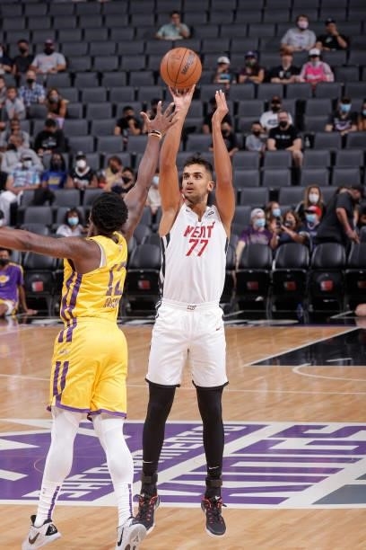 Omer Yurtseven of the Miami Heat shoots a three point basket against the Los Angeles Lakers during the 2021 California Classic Summer League on...