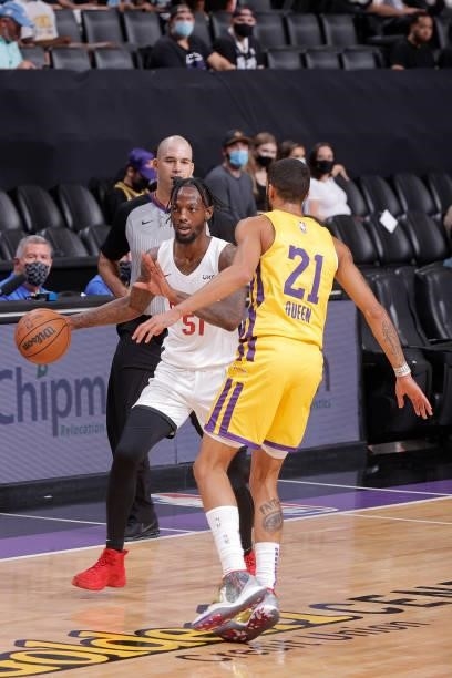 Marcus Garrett of the Miami Heat dribbles the ball against the Los Angeles Lakers during the 2021 California Classic Summer League on August 3, 2021...