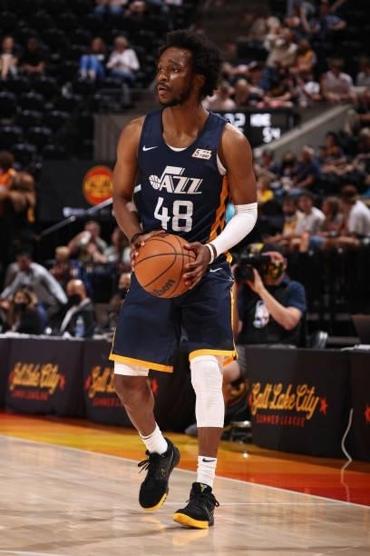 Joe Chealey of the Utah Jazz Blue handles the ball against the Memphis Grizzlies during the 2021 Salt Lake City Summer League on August 3, 2021 at...