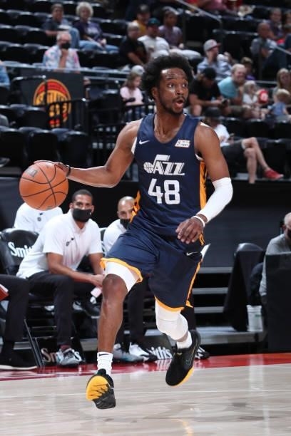 Joe Chealey of the Utah Jazz Blue dribbles the ball during the 2021 Salt Lake City Summer League on August 3, 2021 at vivint.SmartHome Arena in Salt...
