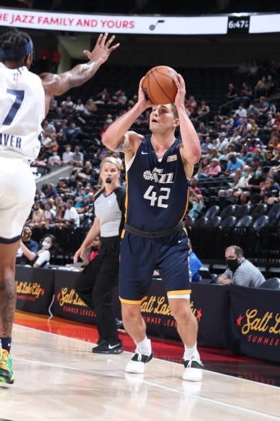 Nate Sestina of the Utah Jazz Blue shoots the ball against the Memphis Grizzlies during the 2021 Salt Lake City Summer League on August 3, 2021 at...