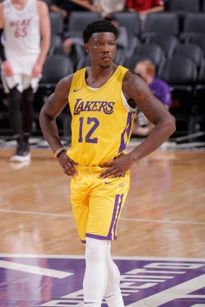 Devontae Cacok of the Los Angeles Lakers looks on during the 2021 California Classic Summer League on August 3, 2021 at Golden 1 Center in...