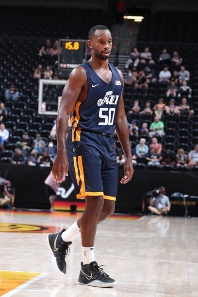 Kyle Fogg of the Utah Jazz Blue looks on during the 2021 Salt Lake City Summer League on August 3, 2021 at vivint.SmartHome Arena in Salt Lake City,...
