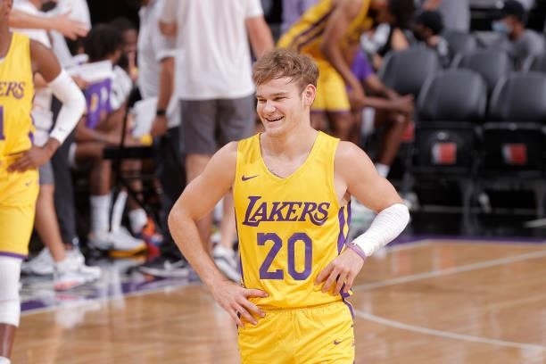 Mac McClung of the Los Angeles Lakers looks on and smiles against the Miami Heat during the 2021 California Classic Summer League on August 3, 2021...