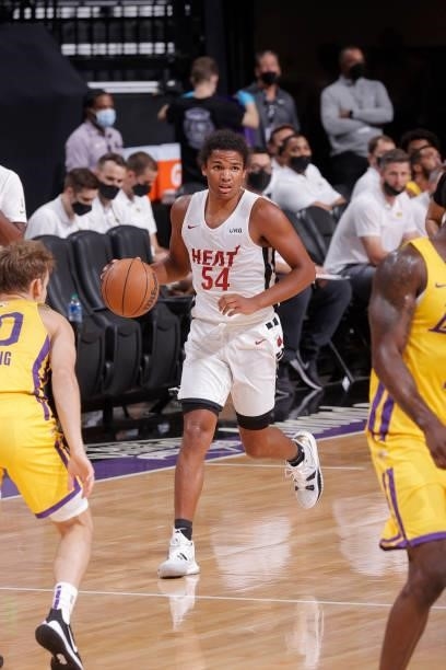 Dru Smith of the Miami Heat dribbles the ball against the Los Angeles Lakers during the 2021 California Classic Summer League on August 3, 2021 at...