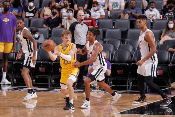 Mac McClung of the Los Angeles Lakers passes the ball against the Miami Heat during the 2021 California Classic Summer League on August 3, 2021 at...