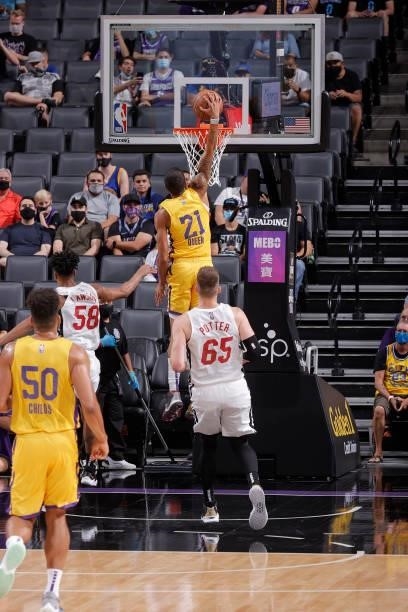Trevelin Queen of the Los Angeles Lakers dunks the ball against the Miami Heat during the 2021 California Classic Summer League on August 3, 2021 at...