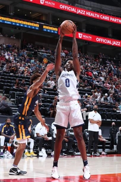 Romeo Weems of the Memphis Grizzlies rebounds the ball against the Utah Jazz Blue during the 2021 Salt Lake City Summer League on August 3, 2021 at...