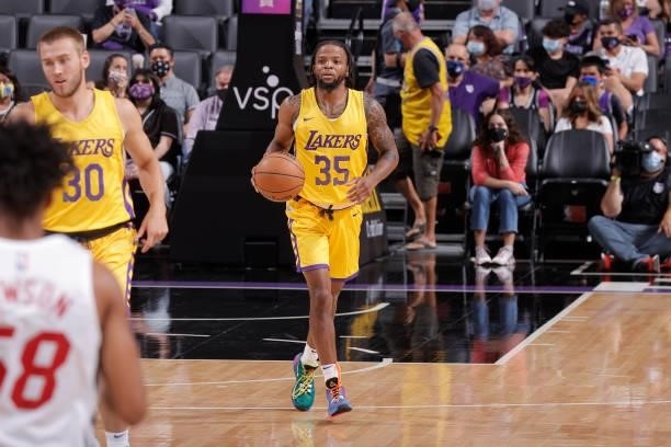 Zavier Simpson of the Los Angeles Lakers dribbles the ball against the Miami Heat during the 2021 California Classic Summer League on August 3, 2021...