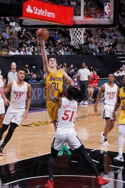 Austin Reaves of the Los Angeles Lakers drives to the basket against the Miami Heat during the 2021 California Classic Summer League on August 3,...