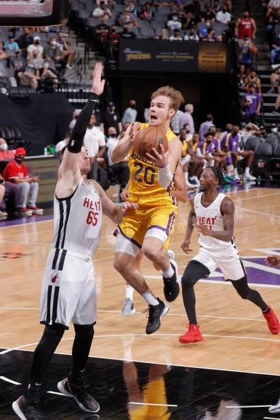 Mac McClung of the Los Angeles Lakers drives to the basket against the Miami Heat during the 2021 California Classic Summer League on August 3, 2021...
