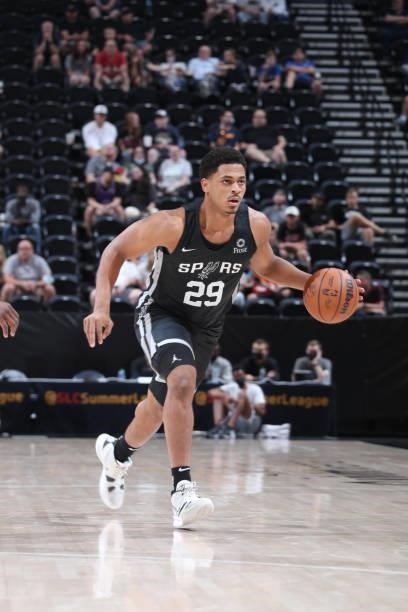 Matt Mitchell of the San Antonio Spurs dribbles the ball against the Utah Jazz White during the 2021 Salt Lake City Summer League on August 3, 2021...