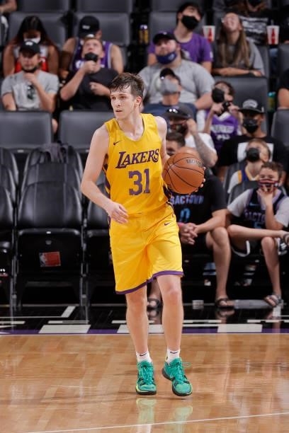 Austin Reaves of the Los Angeles Lakers dribbles the ball against the Miami Heat during the 2021 California Classic Summer League on August 3, 2021...
