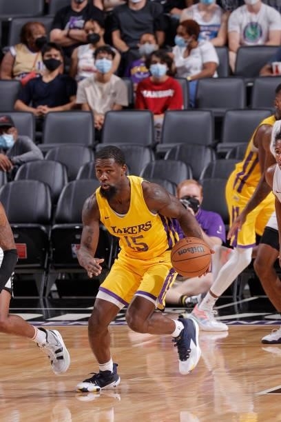 Chaundee Brown Jr. #15 of the Los Angeles Lakers dribbles the ball against the Miami Heat during the 2021 California Classic Summer League on August...