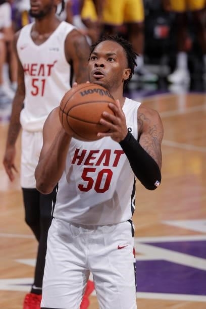 Javonte Smart of the Miami Heat shoots a free throw against the Los Angeles Lakers during the 2021 California Classic Summer League on August 3, 2021...