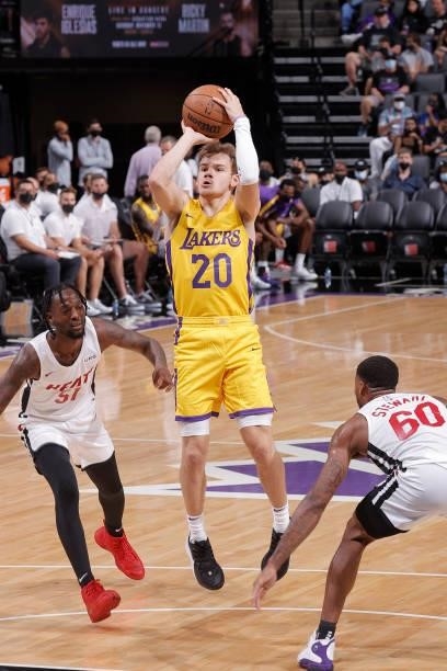Mac McClung of the Los Angeles Lakers shoots the ball against the Miami Heat during the 2021 California Classic Summer League on August 3, 2021 at...