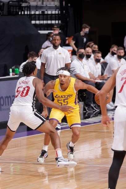 Justin Robinson of the Los Angeles Lakers dribbles the ball against the Miami Heat during the 2021 California Classic Summer League on August 3, 2021...