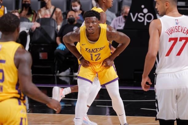 Devontae Cacok of the Los Angeles Lakers plays defense against the Miami Heat during the 2021 California Classic Summer League on August 3, 2021 at...