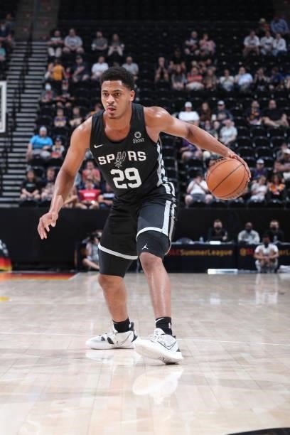 Matt Mitchell of the San Antonio Spurs handles the ball against the Utah Jazz White during the 2021 Salt Lake City Summer League on August 3, 2021 at...