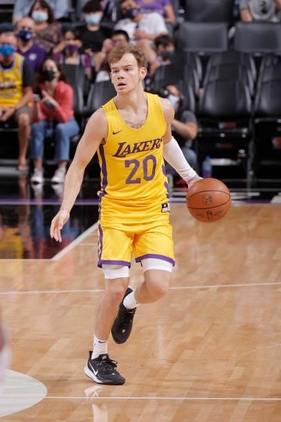 Mac McClung of the Los Angeles Lakers dribbles the ball against the Miami Heat during the 2021 California Classic Summer League on August 3, 2021 at...