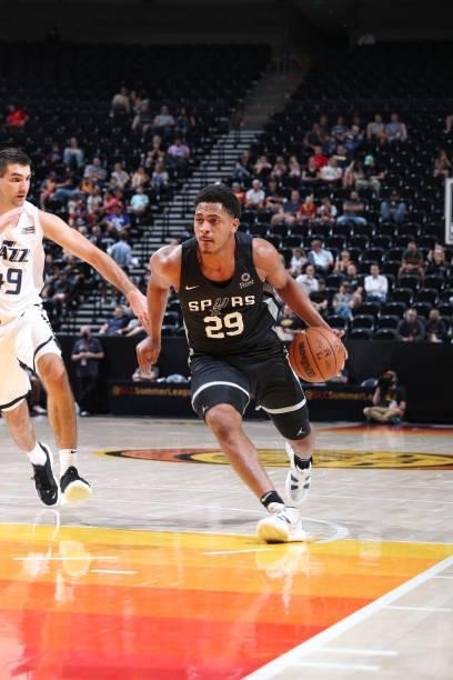 Matt Mitchell of the San Antonio Spurs drives to the basket against the Utah Jazz White during the 2021 Salt Lake City Summer League on August 3,...