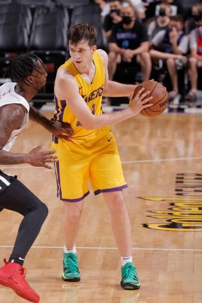 Austin Reaves of the Los Angeles Lakers looks to pass the ball against the Miami Heat during the 2021 California Classic Summer League on August 3,...