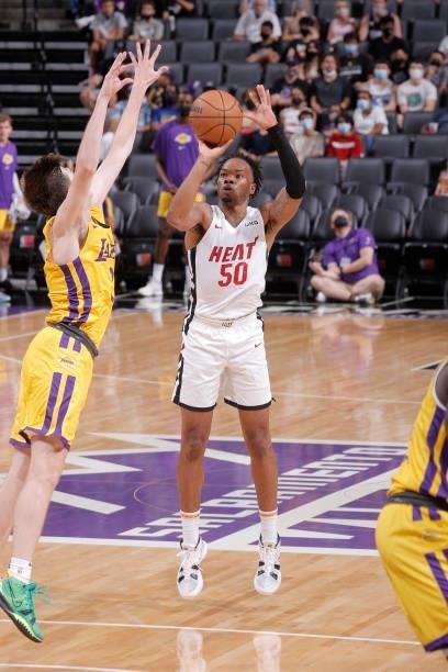 Javonte Smart of the Miami Heat shoots a three point basket against the Los Angeles Lakers during the 2021 California Classic Summer League on August...
