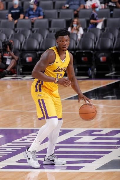 Devontae Cacok of the Los Angeles Lakers dribbles the ball during the 2021 California Classic Summer League on August 3, 2021 at Golden 1 Center in...