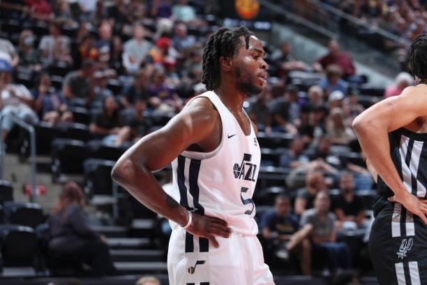 Jarrell Brantley of the Utah Jazz White look on during the game against the San Antonio Spurs during the 2021 Salt Lake City Summer League on August...