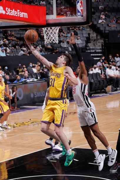 Austin Reaves of the Los Angeles Lakers drives to the basket against the Miami Heat during the 2021 California Classic Summer League on August 3,...