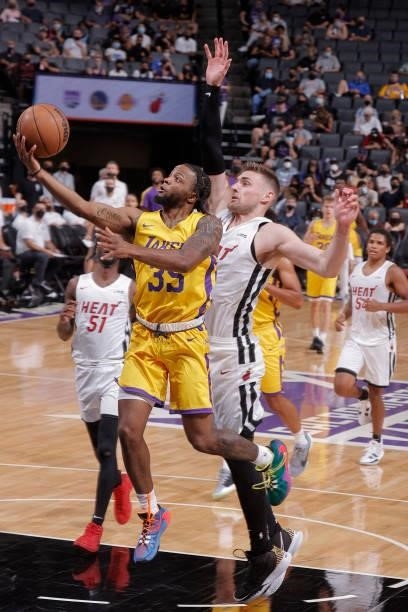 Zavier Simpson of the Los Angeles Lakers drives to the basket against the Miami Heat during the 2021 California Classic Summer League on August 3,...