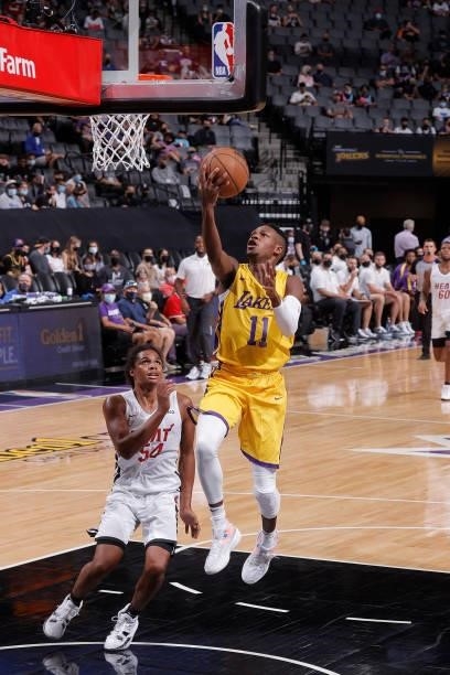 Joel Ayayi of the Los Angeles Lakers drives to the basket against the Miami Heat during the 2021 California Classic Summer League on August 3, 2021...