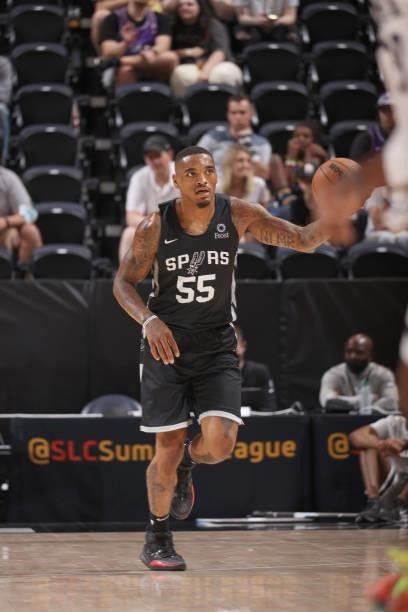 Daquan Jeffries of the San Antonio Spurs handles the ball against the Utah Jazz White during the 2021 Salt Lake City Summer League on August 3, 2021...