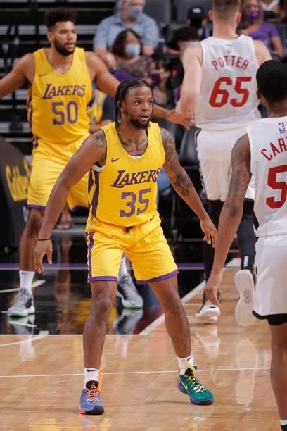 Zavier Simpson of the Los Angeles Lakers plays defense against the Miami Heat during the 2021 California Classic Summer League on August 3, 2021 at...
