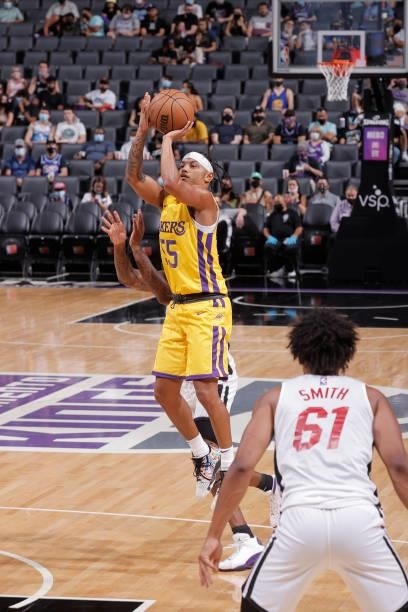Justin Robinson of the Los Angeles Lakers shoots a three point basket against the Miami Heat during the 2021 California Classic Summer League on...