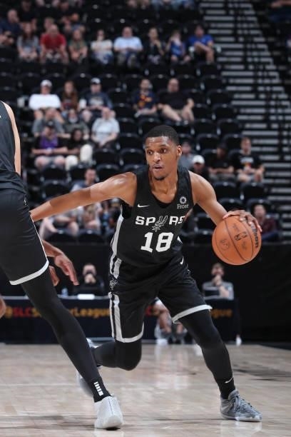 Zach Norvell of the San Antonio Spurs dribbles the ball against the Utah Jazz White during the 2021 Salt Lake City Summer League on August 3, 2021 at...