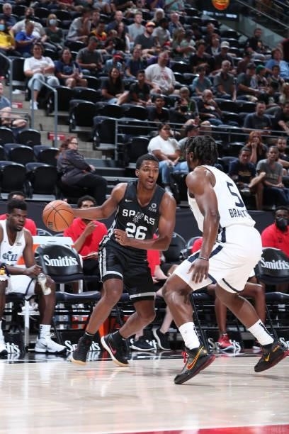 Justin Turner of the San Antonio Spurs handles the ball against the Utah Jazz White during the 2021 Salt Lake City Summer League on August 3, 2021 at...