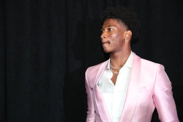 Kai Jones looks on during the 2021 NBA Draft on July 29, 2021 at the Barclays Center, New York. NOTE TO USER: User expressly acknowledges and agrees...