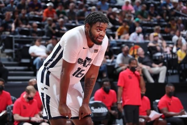 Juwan Morgan of the Utah Jazz White looks on during the game against the San Antonio Spurs during the 2021 Salt Lake City Summer League on August 3,...
